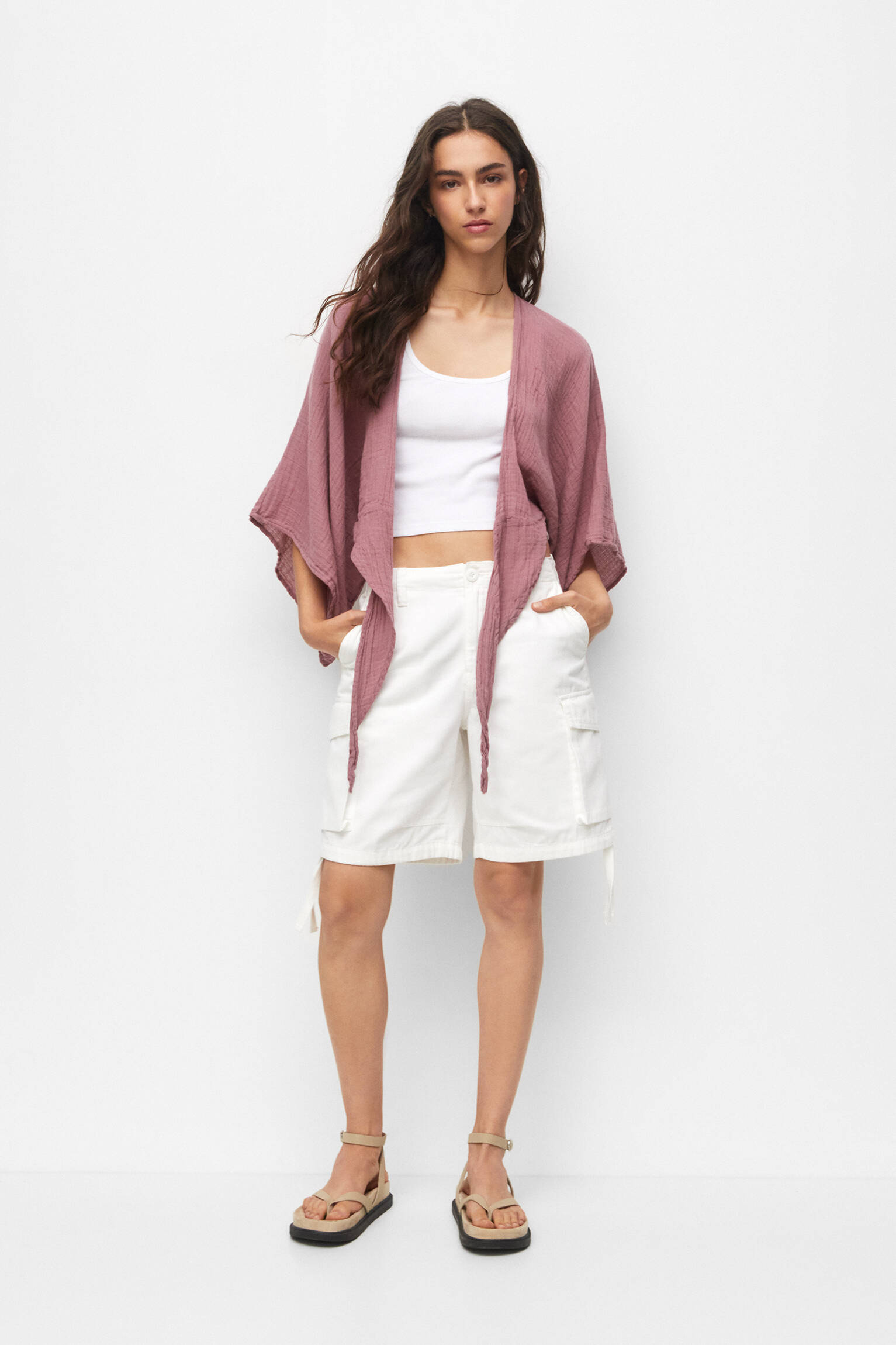 Kimono cropped com nó - rosa