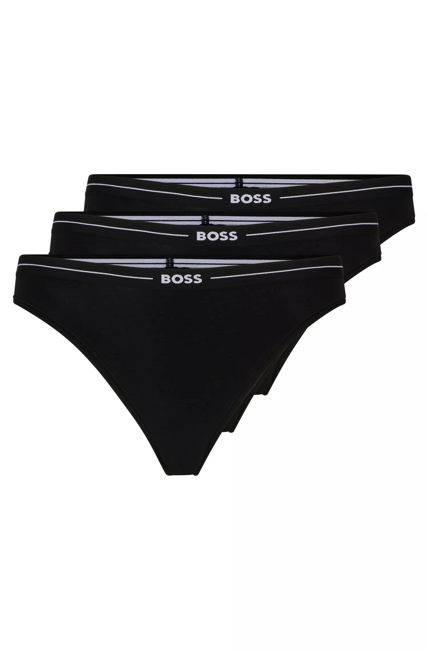 Cuecas BOSS pretas, pacote com três unidades, em algodão elástico e com cós com o logotipo da marca.