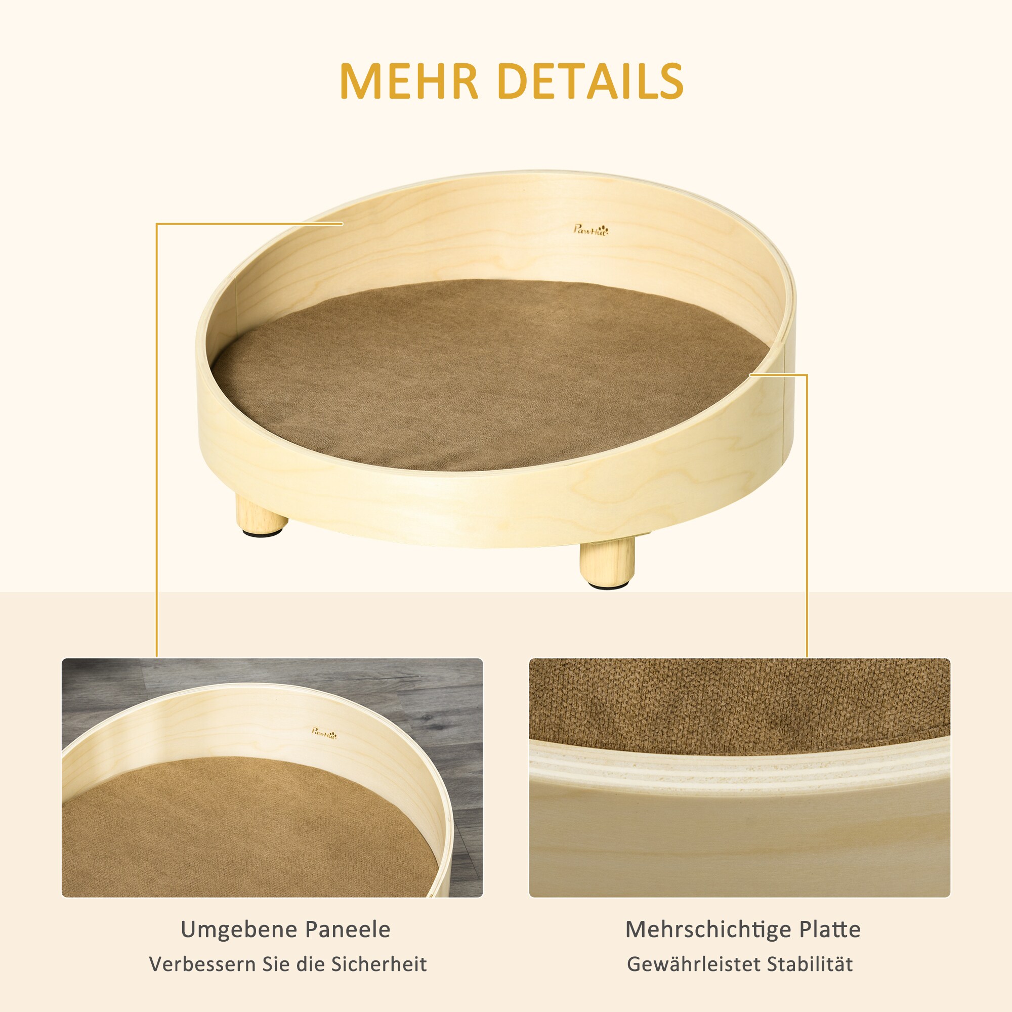 PawHut Hundebett mit Kissen natur 59L x 59B x 23,5H cm