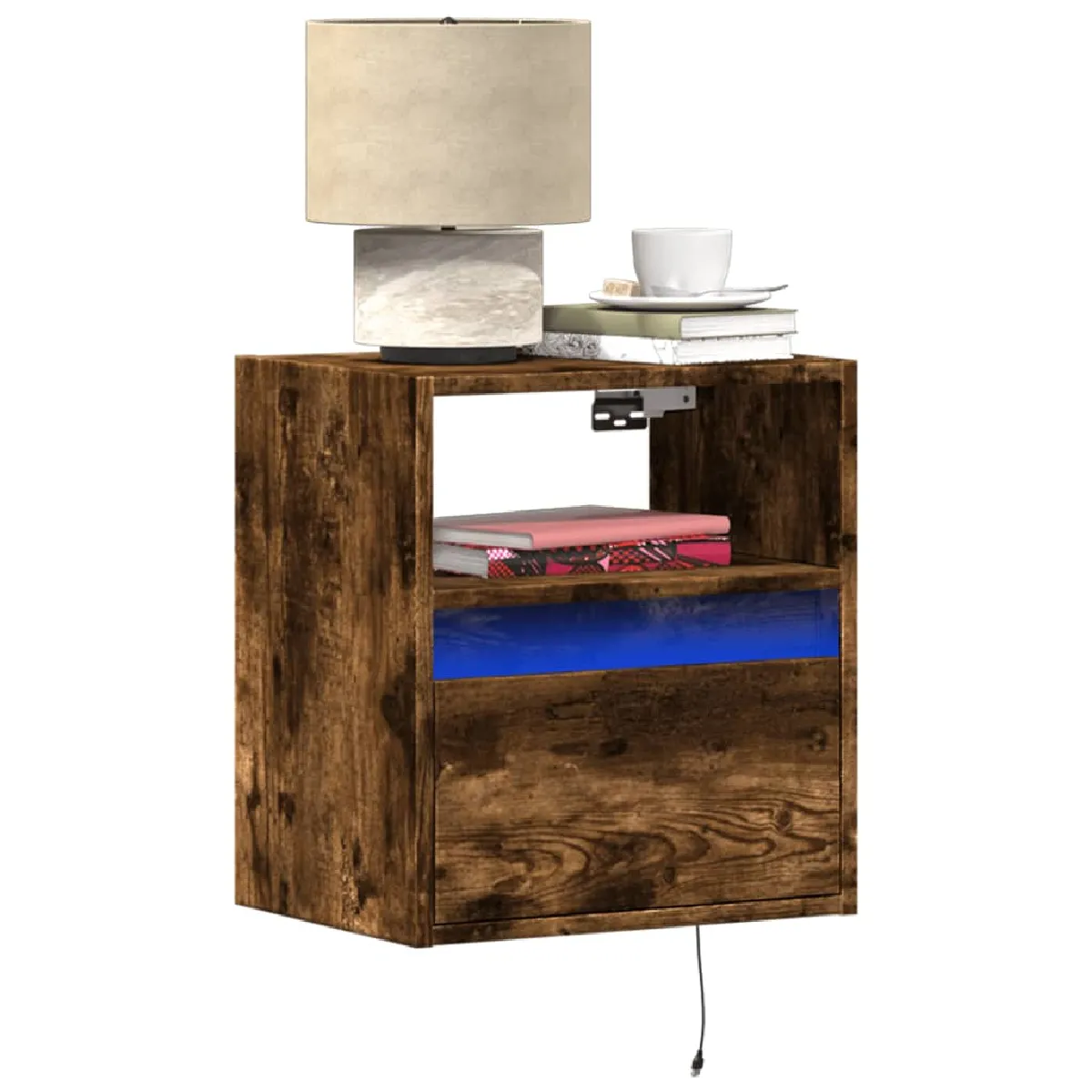vidaXL Table de chevet murale LED chêne fumé