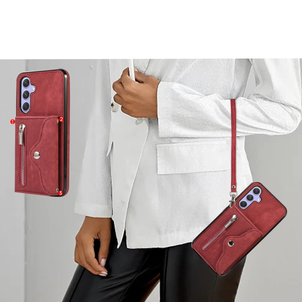 Samsung Galaxy A54 5G Necklace Leder Schutz Hülle mit Kartenfächer   Handykette (RFID Schutz) - Rot