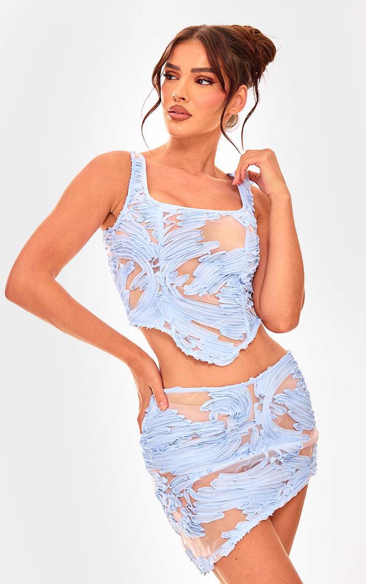 Bleu Jupe Courte Asymétrique En Mousseline Texturée Assortie