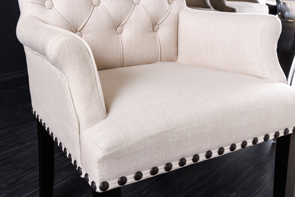 Design Stuhl CASTLE beige schwarz Strukturstoff Armlehnen Holzfüße