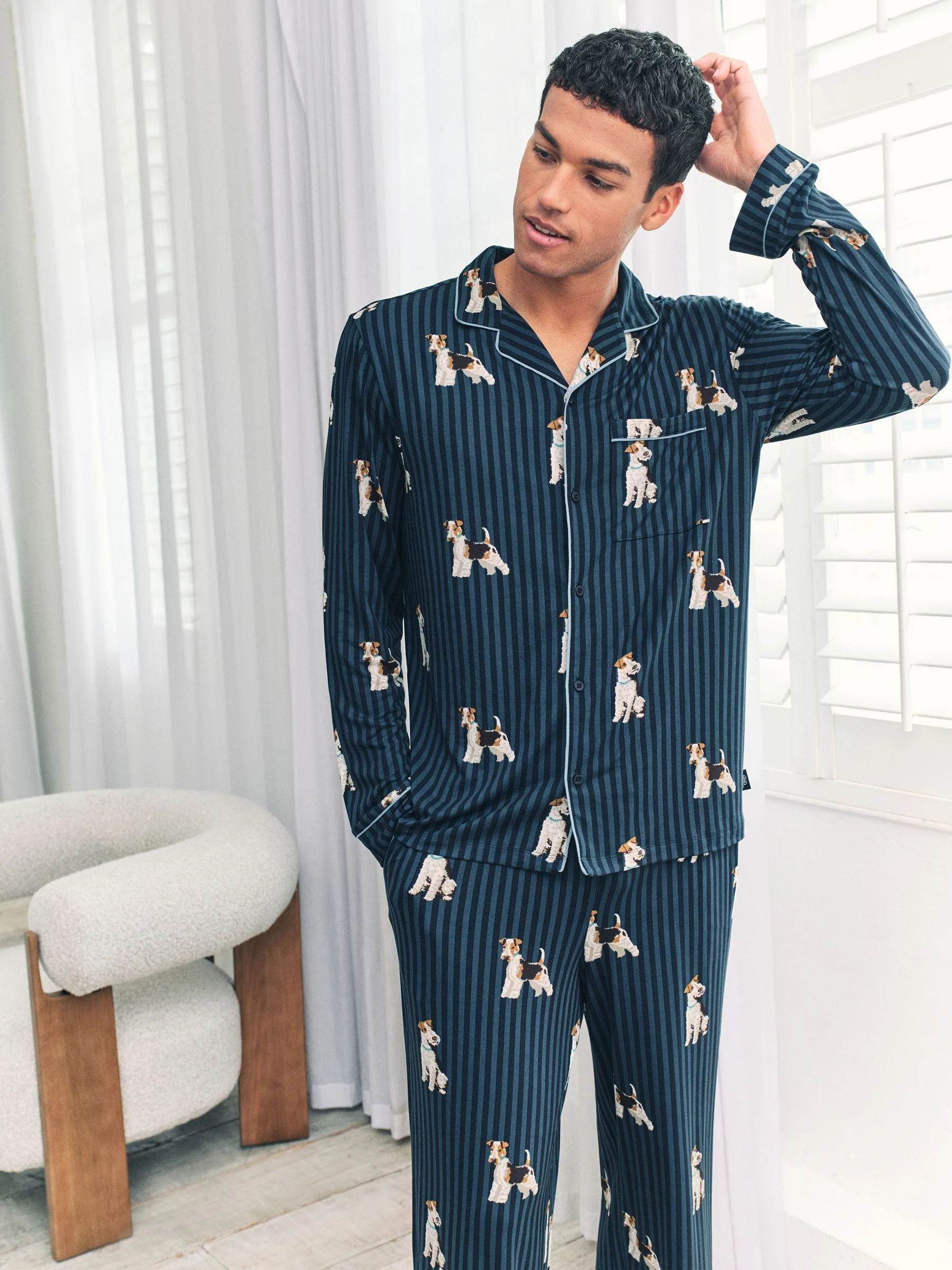 Chelsea Peers Terrier Dog Stripe Print Long Pyjamas Set