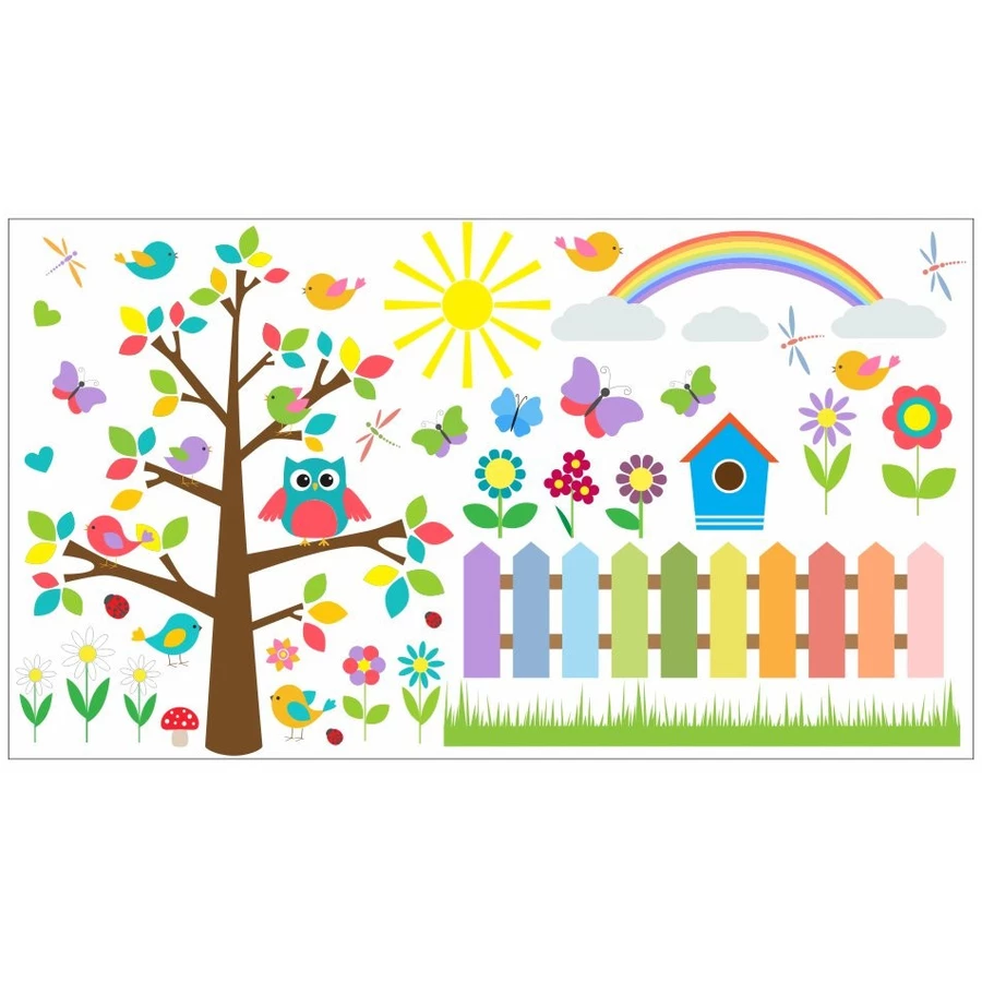 Nikima Wandtattoo 021 Wandtattoo Baum mit Eule bunte Blumen und Zaun bunt