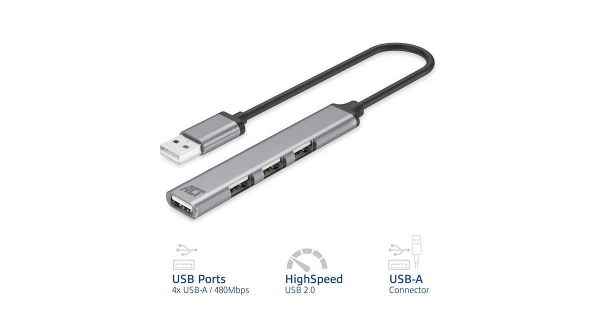 ACT ConnectivityUSB-A hub 2.0, 4 poorts USB-A usb-hub  (Aluminium)