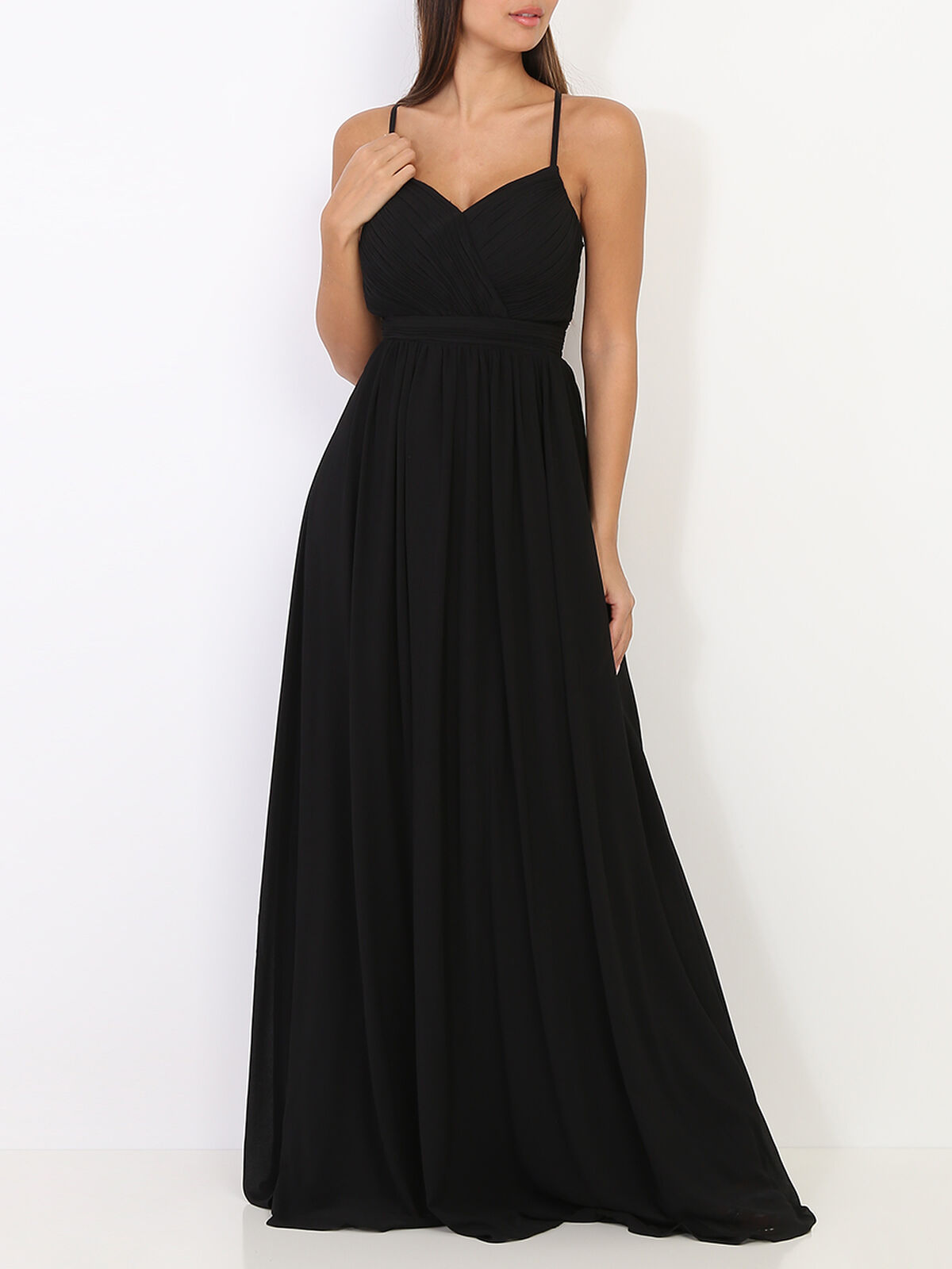 Robe longue à décolleté drapé- Noir