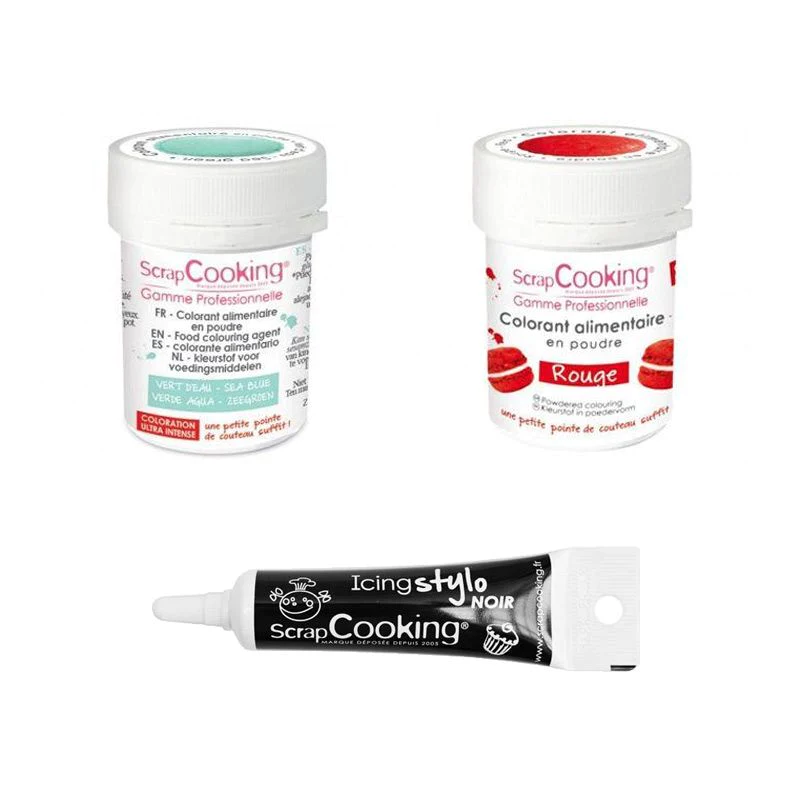 2 colorants alimentaires rouge-vert d'eau + Stylo glaçage noir Scrapco