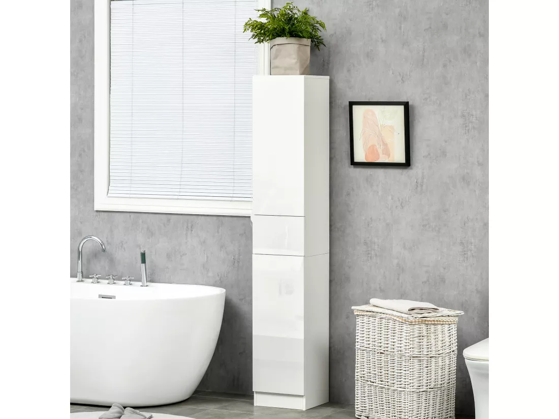 Meuble colonne rangement salle de bain style contemporain façade laquée 2 portes 3 étagères tiroir panneaux MDF blanc