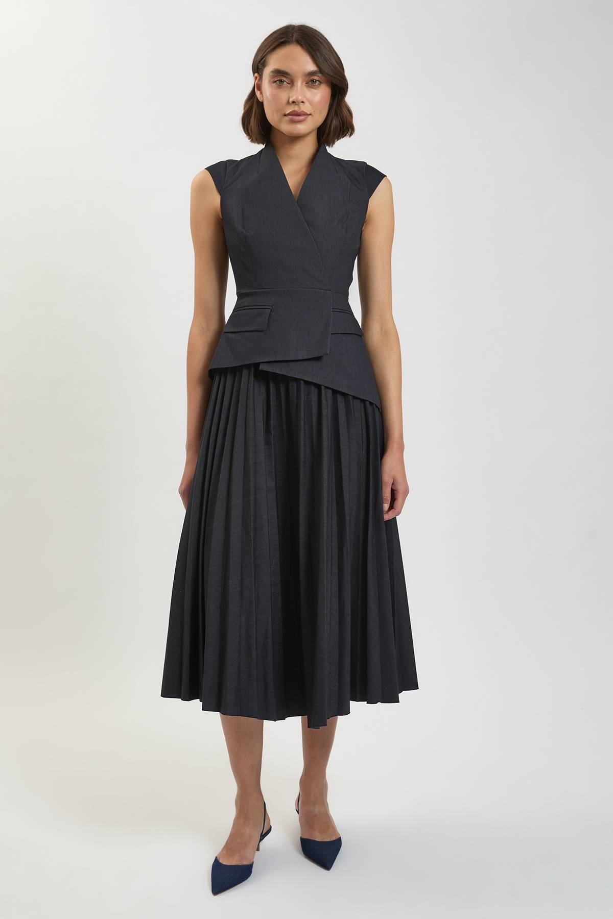 KarenMillen Robe Midi Plissée En Denim Ajusté