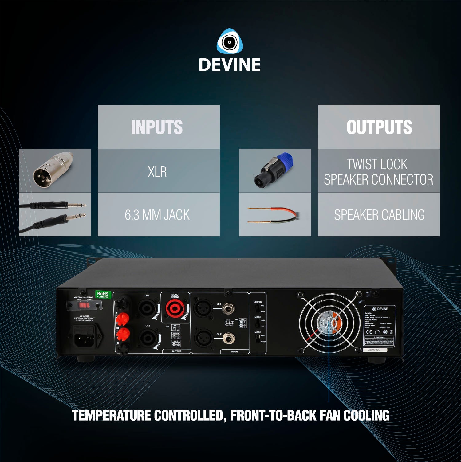 Devine MX-400 2-kanaals PA-eindversterker 2x 200W @ 8 Ohm
