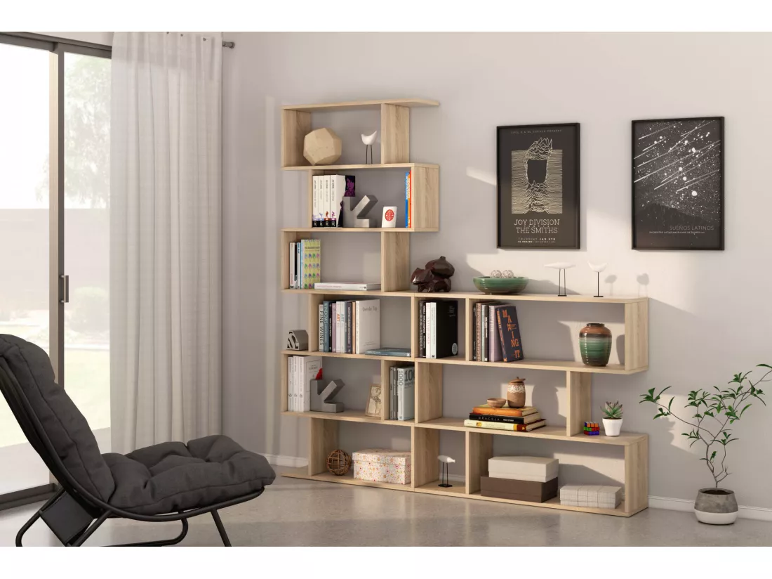 Bibliothèque Djorone, Etagère de bureau polyvalente, Bibliothèque avec 5 étagères, 80x25h190 cm, Chêne