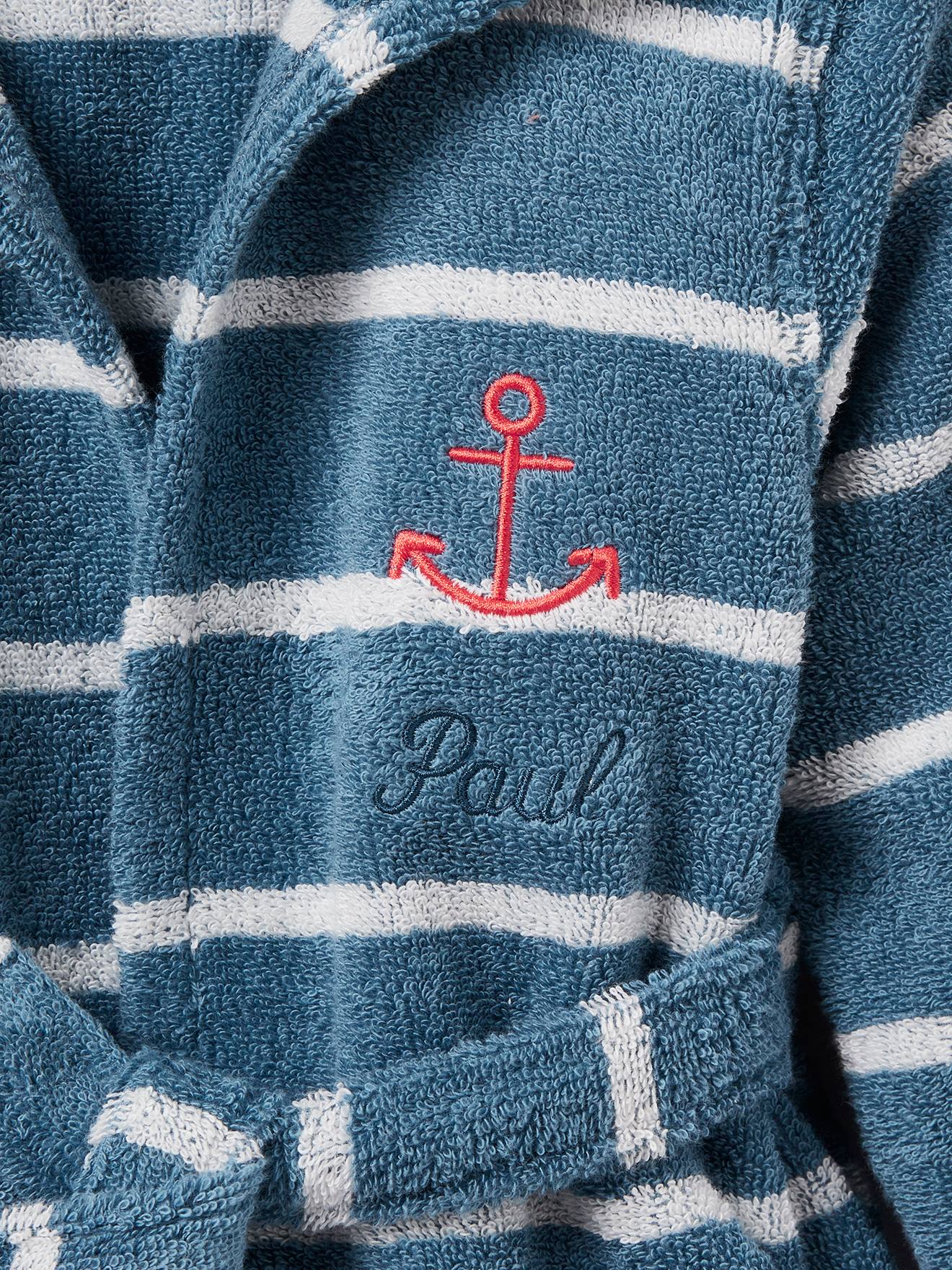 Roupão listrado com capuz, infantil e personalizável, tamanho médio, listrado em azul.