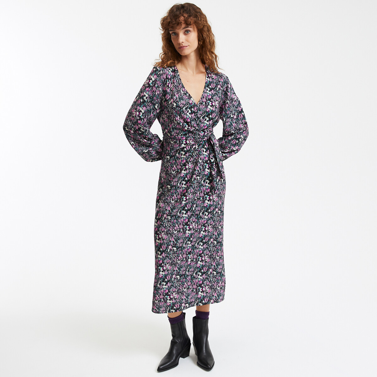 COLEÇÕES LA REDOUTE<br>Vestido reto estampado, decote em V, comprimento midi