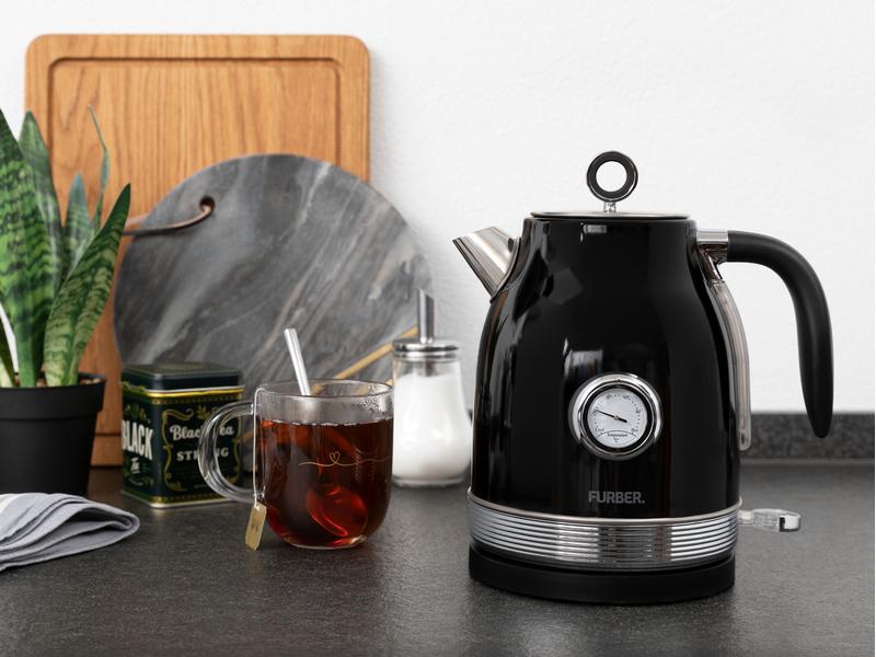 FURBER Wasserkocher Brando 1.7 l, Schwarz glanz Wasserkocher mit 360°-Sockel mit Kabelaufwicklung