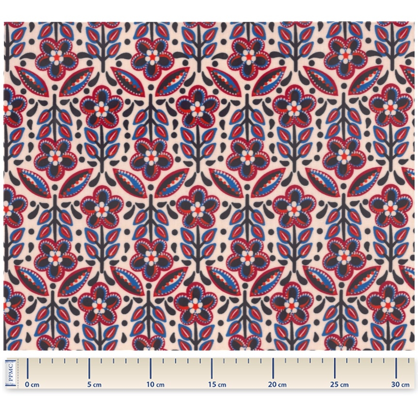 Coupon Tissu Enduit De 35Cm Ex2474 Folkofleur Rouge Bleu