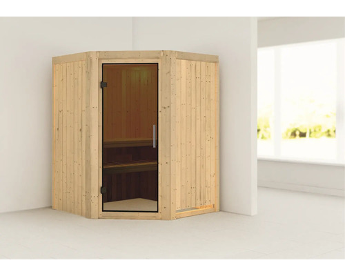 Karibu Kanja plug & play sauna zonder kachel, zonder dakrand, met grafietkleurige volledig glazen deur