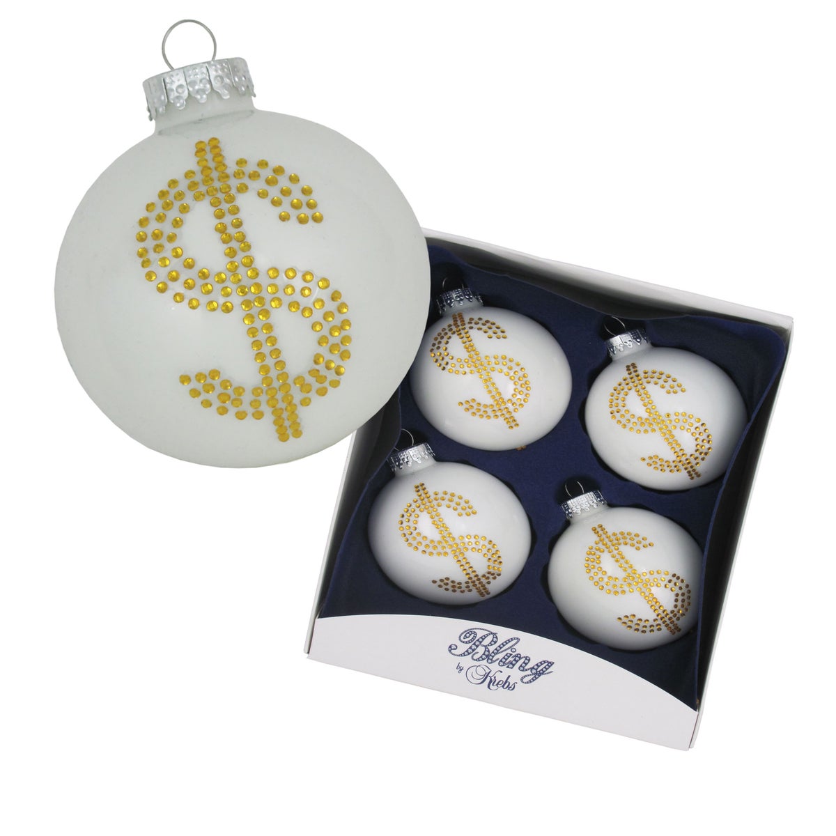 Porseleinen witte glazen bol van 7 cm met gouden strass-versiering, 4 stuks, kerstballen, kerstversieringen, kerstversieringen