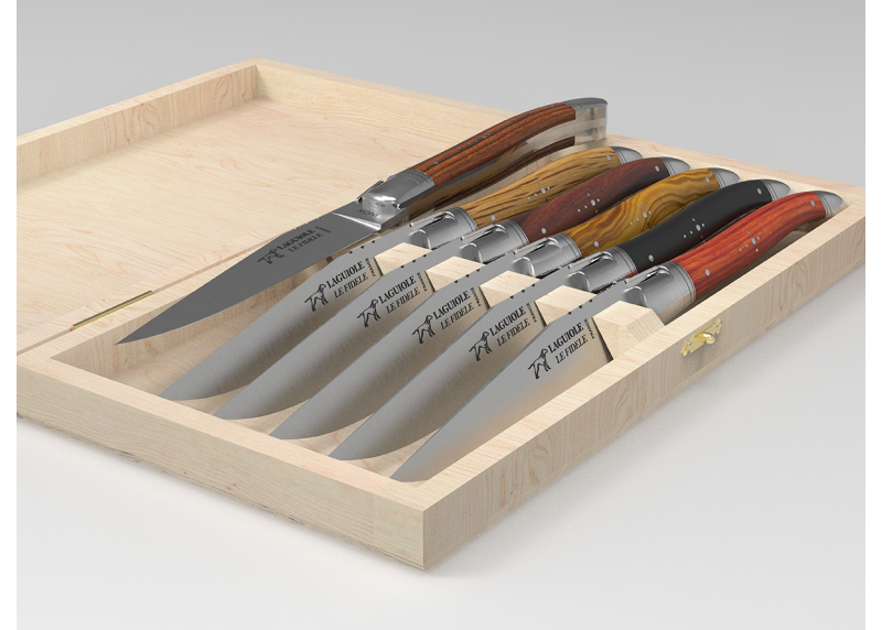 service de 6 Couteaux Laguiole avec un manche en 6 bois différents et mitres inox