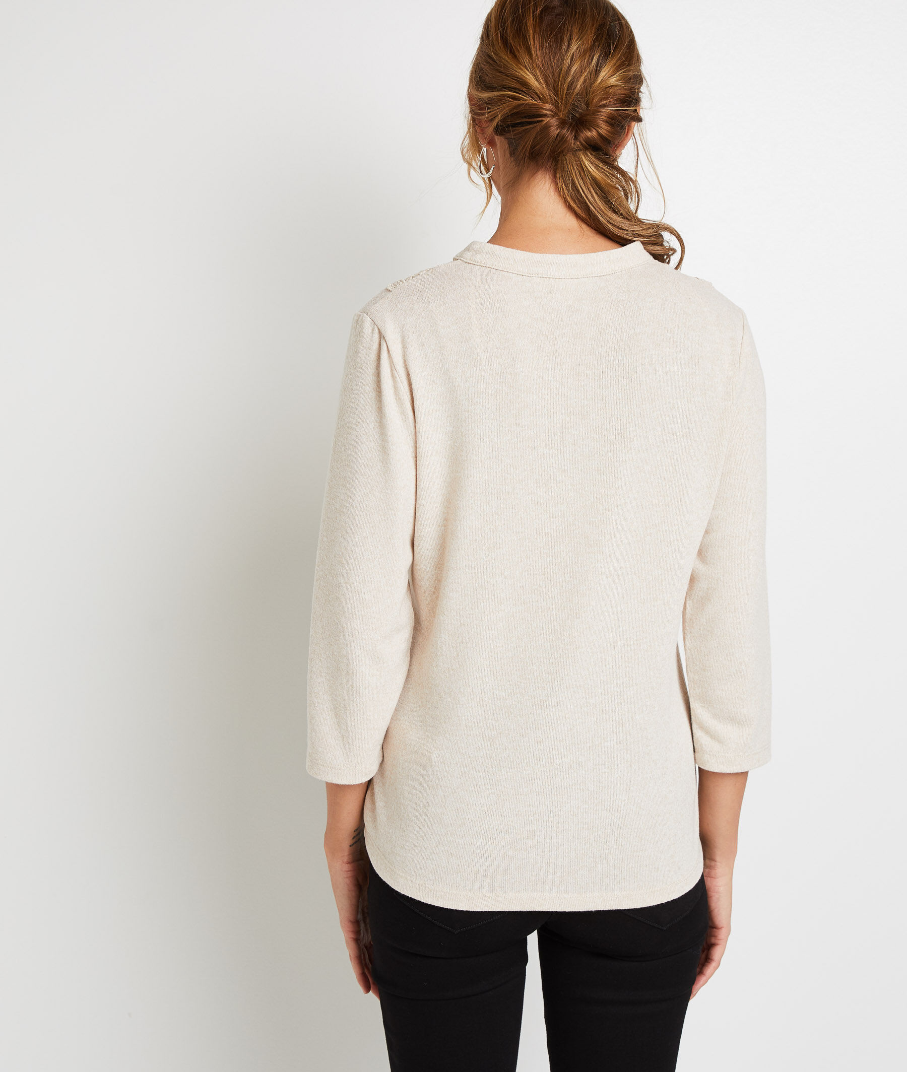 T-shirt col tunisien femme - BEIGE CHINE