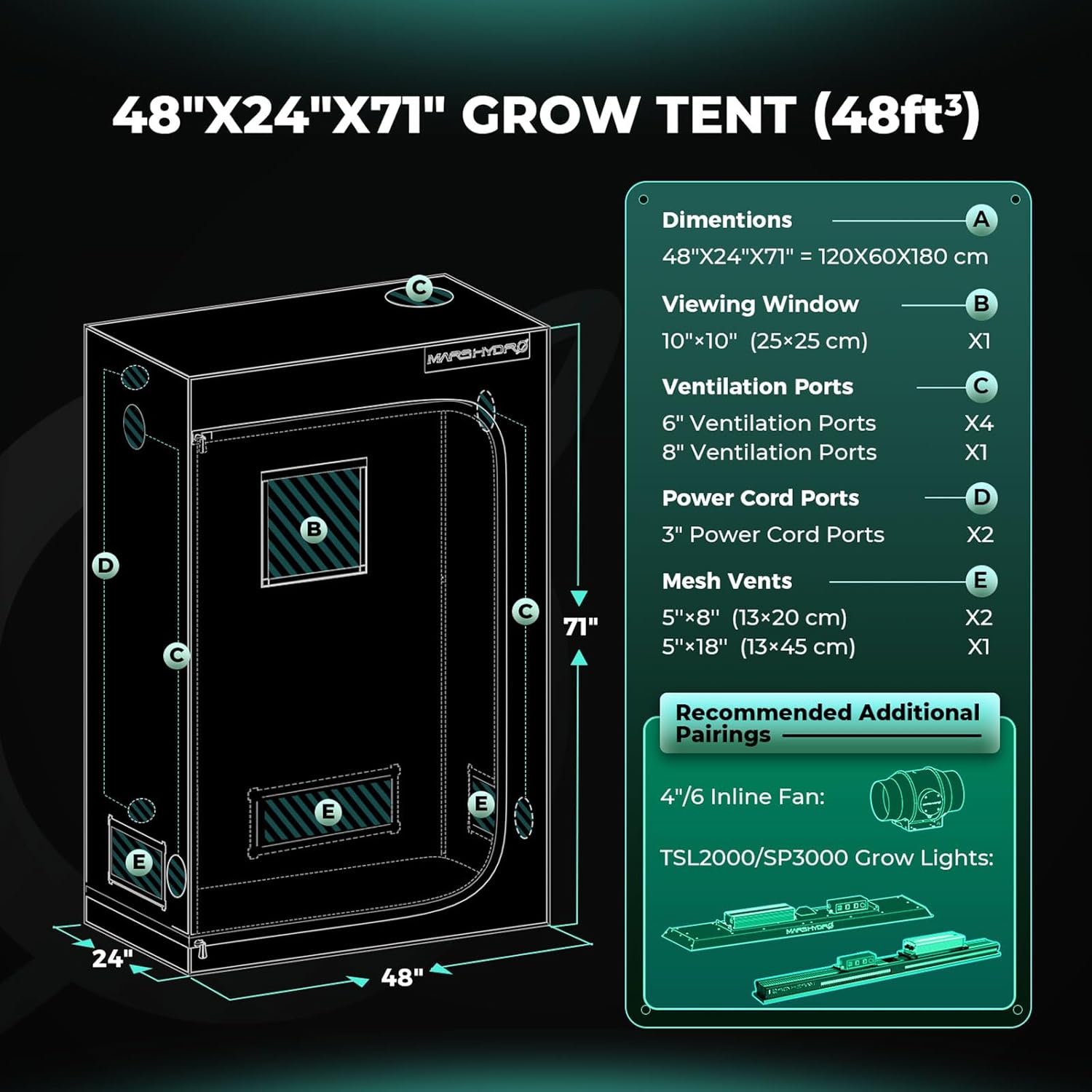 MARS HYDRO Growzelt 120x60x180cm,Indoor Grow Tent Reflektierende Mylar Zuchtzelte Hydrokultur,abnehmbaren Boden Tablett,für Pflanzen wachsen Raum