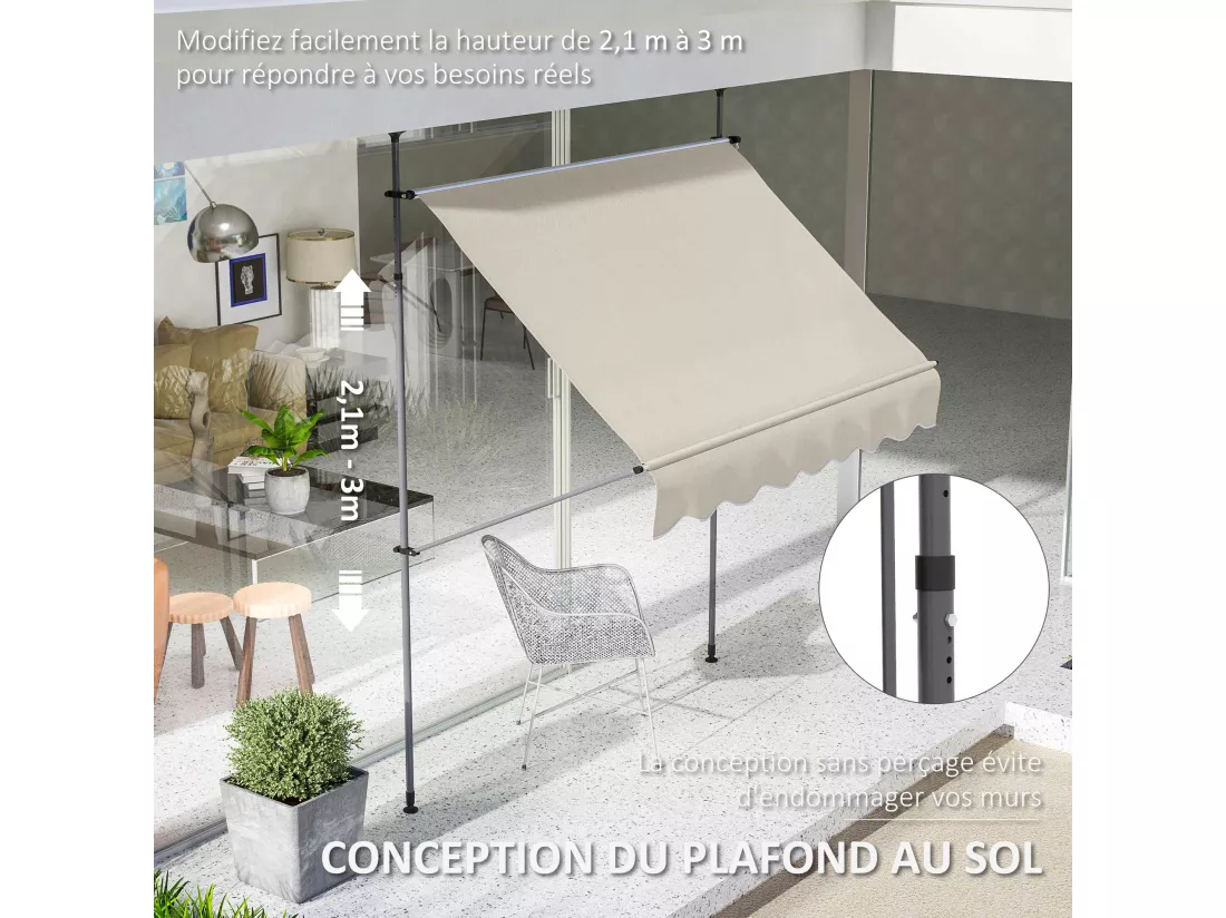Store banne autoportant manuel inclinable rétractable 2 x 1,2(avancée) x 2,1-3H.m aucun perçage sable