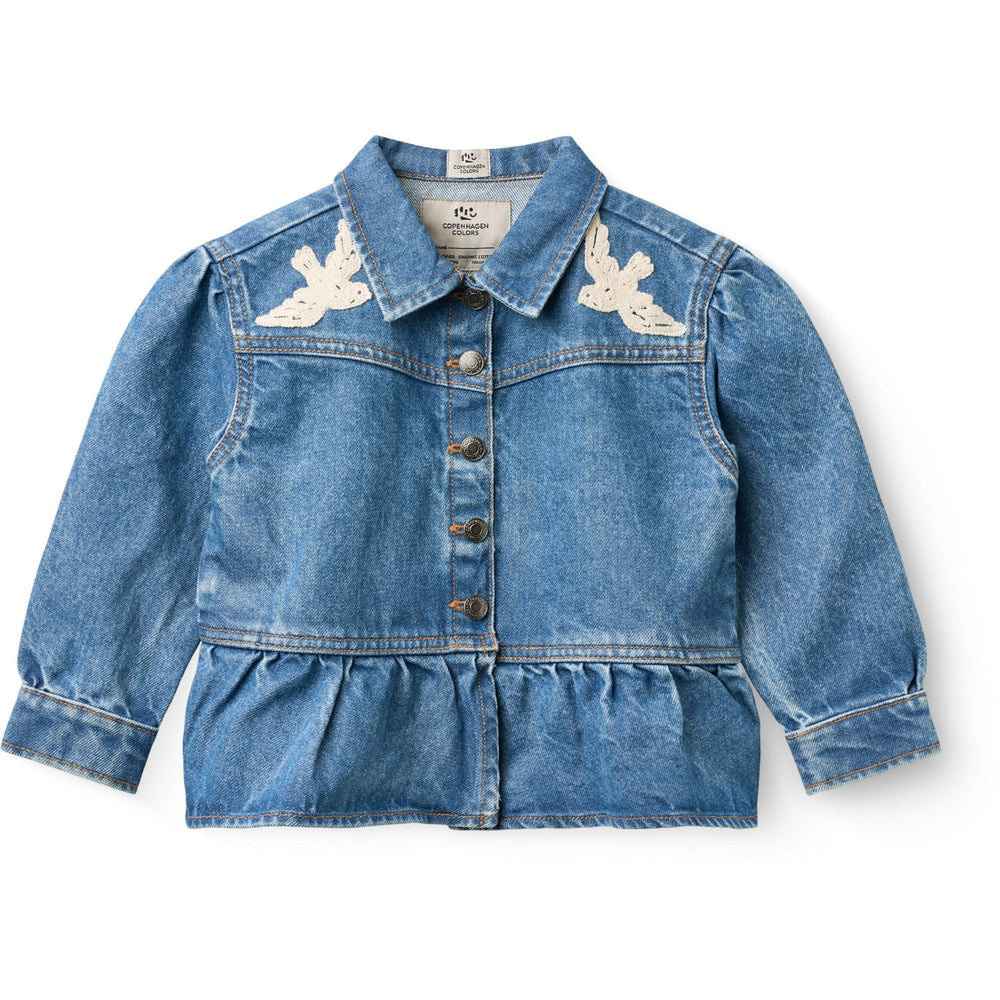 Køb COPENHAGEN COLORS Indigo Blue Washed Denim Flæse Jakke W. Crochet Doves