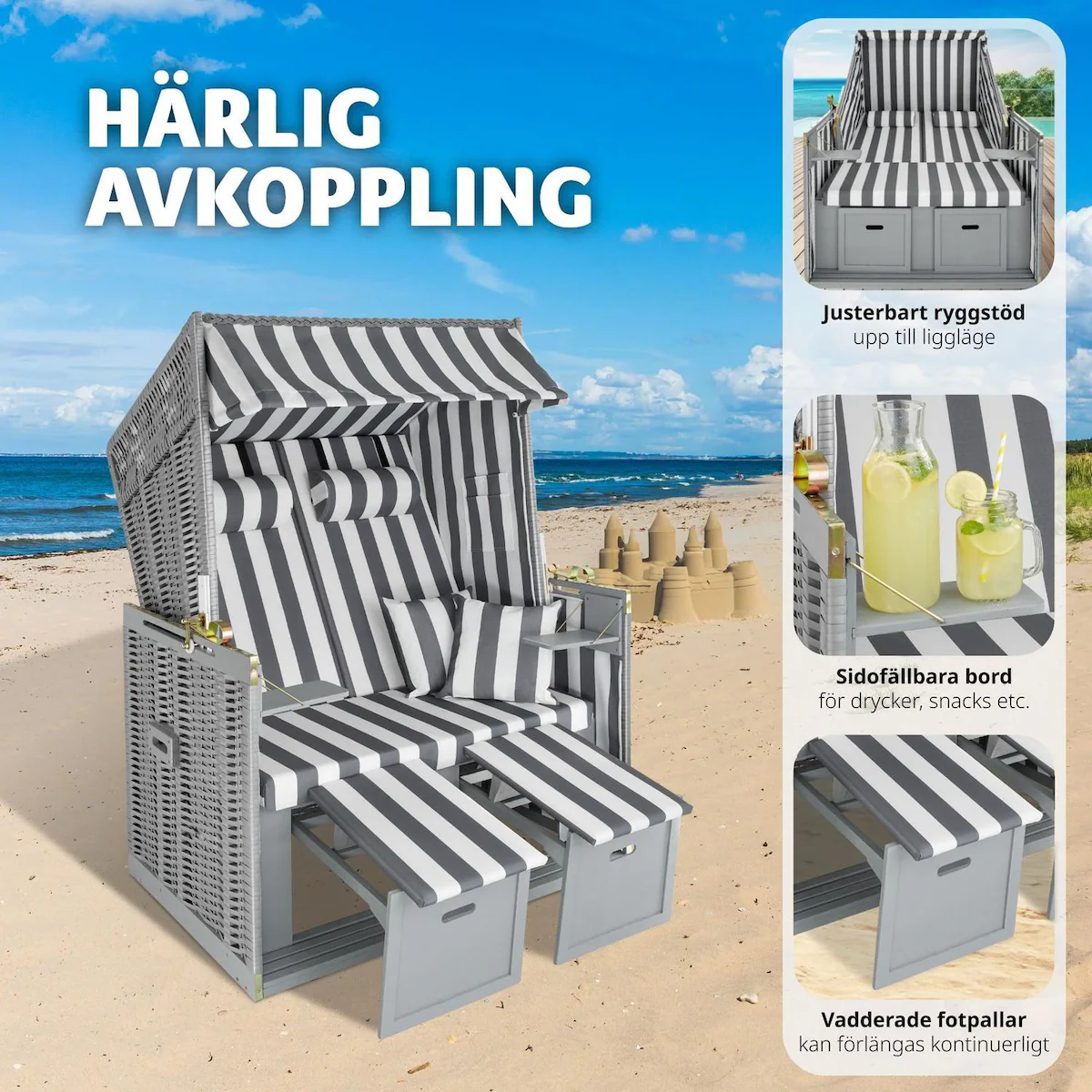 Strandstol for 2 personer inkl. regnbeskyttelse - grå/hvit