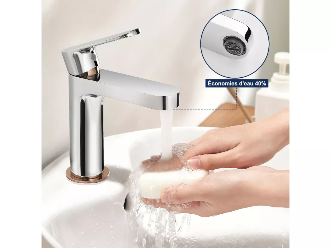 Robinet Salle de Bain Moderne, AuraLum Max Mitigeur pour Lavabo avec Finition or Rose, Laiton Robinet Lavabo avec Bulleur Rechange, Chromé,EU Modèle
