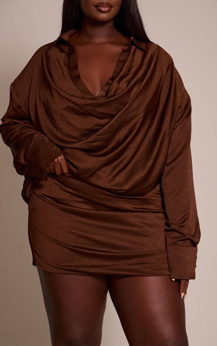 Marron Ensemble Coordonné Jupe Courte Satinée Texturée Froncée Grande Taille