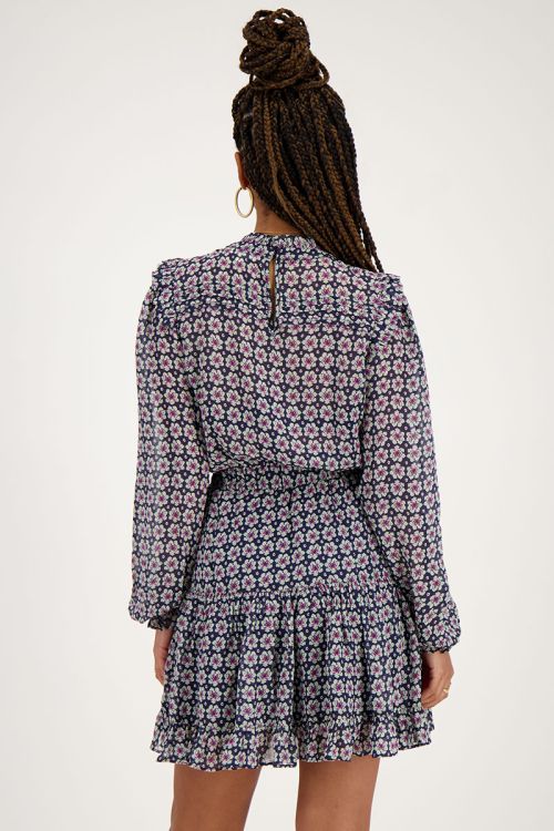 Donkerblauwe jurk met ruffles en bloemenprint
