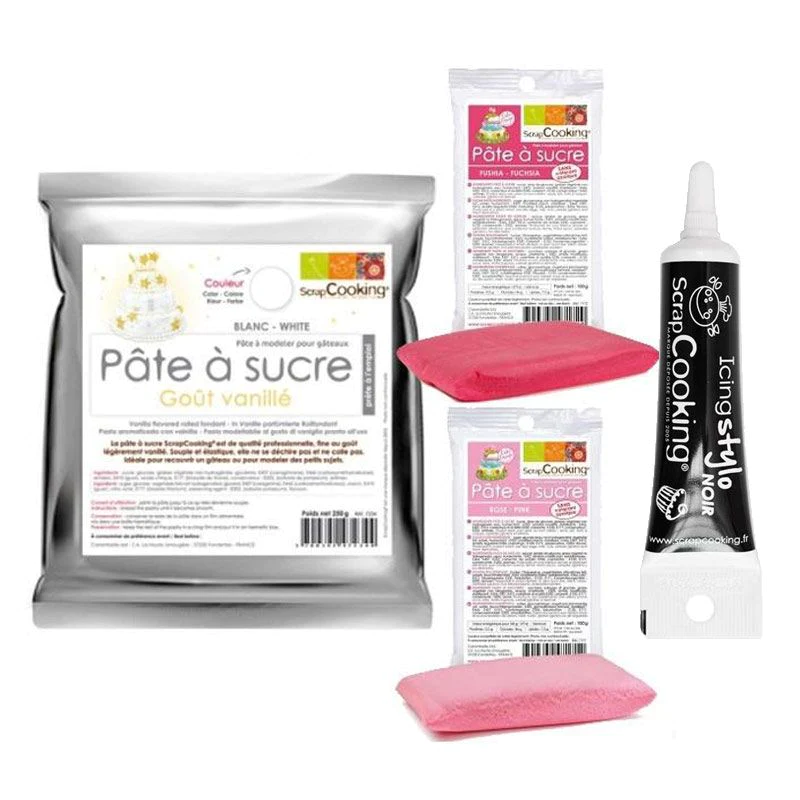 Kit pâte à sucre naissance fille + Stylo de glaçage noir Scrapcooking
