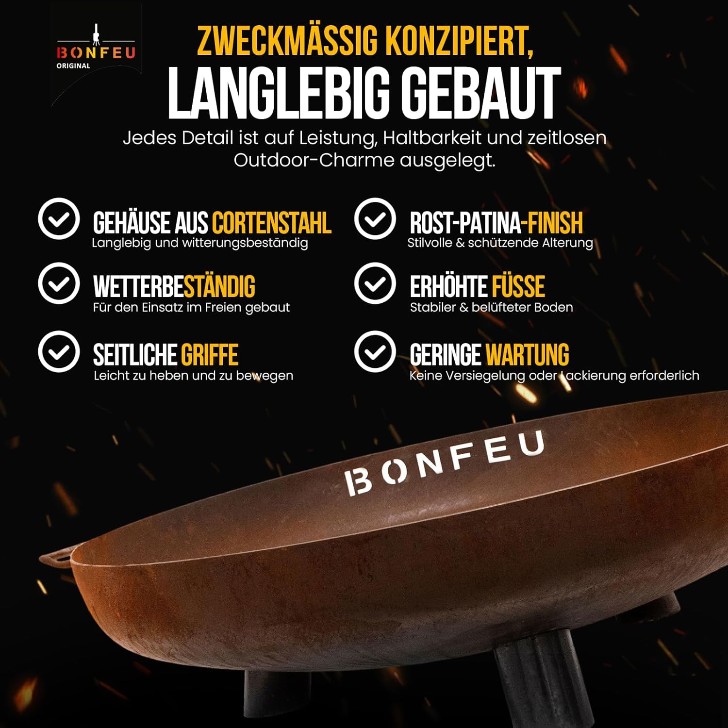 BonFeu BonBowl Plus Feuerschale 100 cm Durchmesser - Feuerschalen für den Garten - Feuerstelle Outdoor & Feuertonne - Feuerschale mit Opt. Grillrost - Feuerkorb für den Garten - 100x100x23.5cm