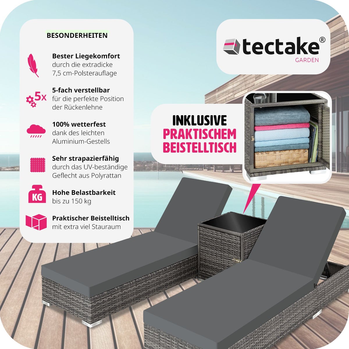 Set van 2 rotan ligbedden van tectake met aluminium frame inclusief beschermhoes
