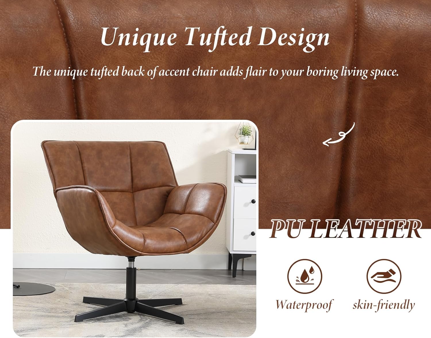Loungesessel Armlehnstuhl 360° Drehbar, Sessel Akzentsessel mit Metallbeinen Ohrensessel Polsterstuhl aus PU Kunstleder, für Wohnzimmer Schlafzimmer, Braun
