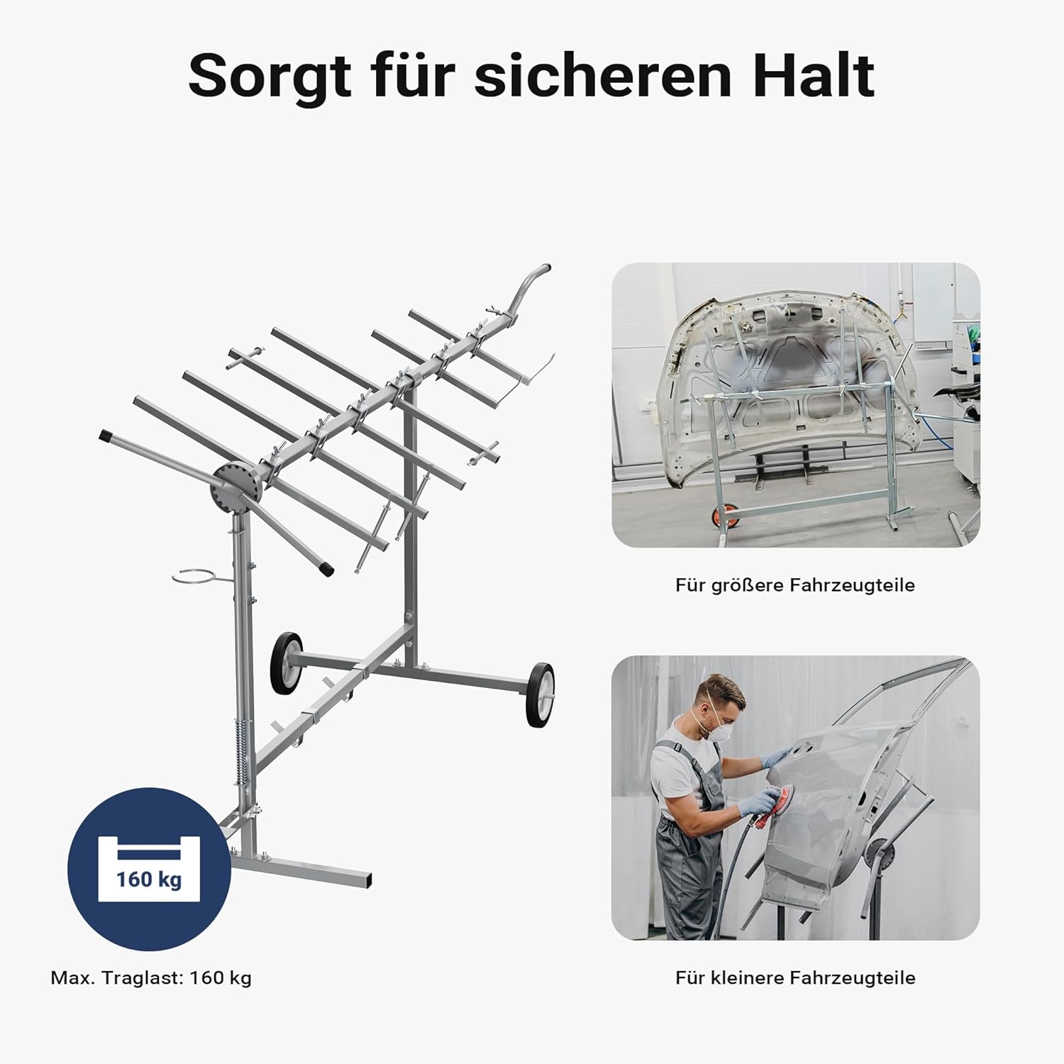 Wiltec Drehlackierständer 2300 x 610 x 1340 mm, mit 4 Haubenhalter und 2 Spoilerhalter, Lackierständer verstellbar für Kotflügel, Türen, Stoßstange, Lackierbock