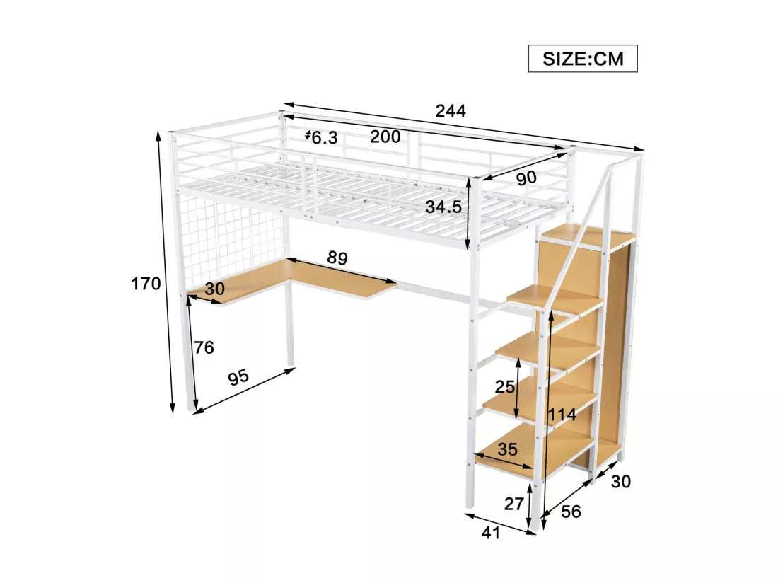 Lit mezzanine 90x200cm, lit enfant avec table et armoire, échelle latérale, acier + MDF, blanc