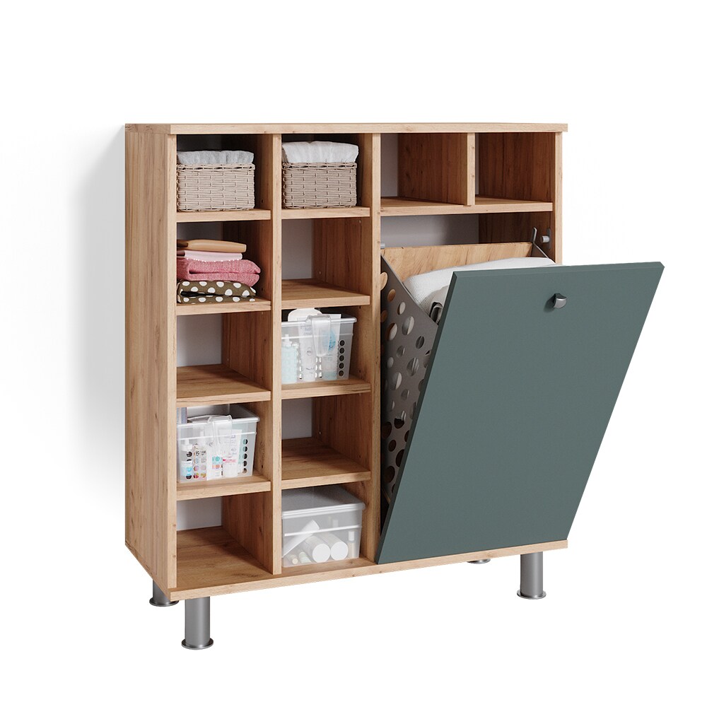 Vicco Wäscheschrank Badezimmerschrank Badschrank Fynn Eiche Grün Wäschekorb