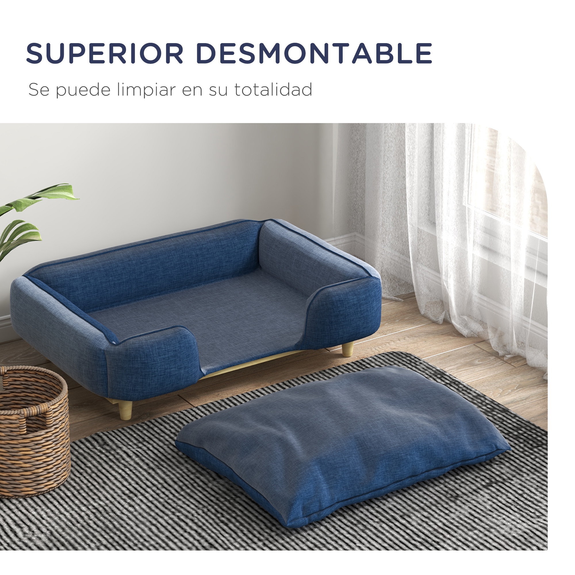 Sofá elevado para cães PawHut tamanho grande, com pés de madeira e almofada lavável. Suporta até 30 kg e mede 96 x 66 x 24 cm, na cor azul.