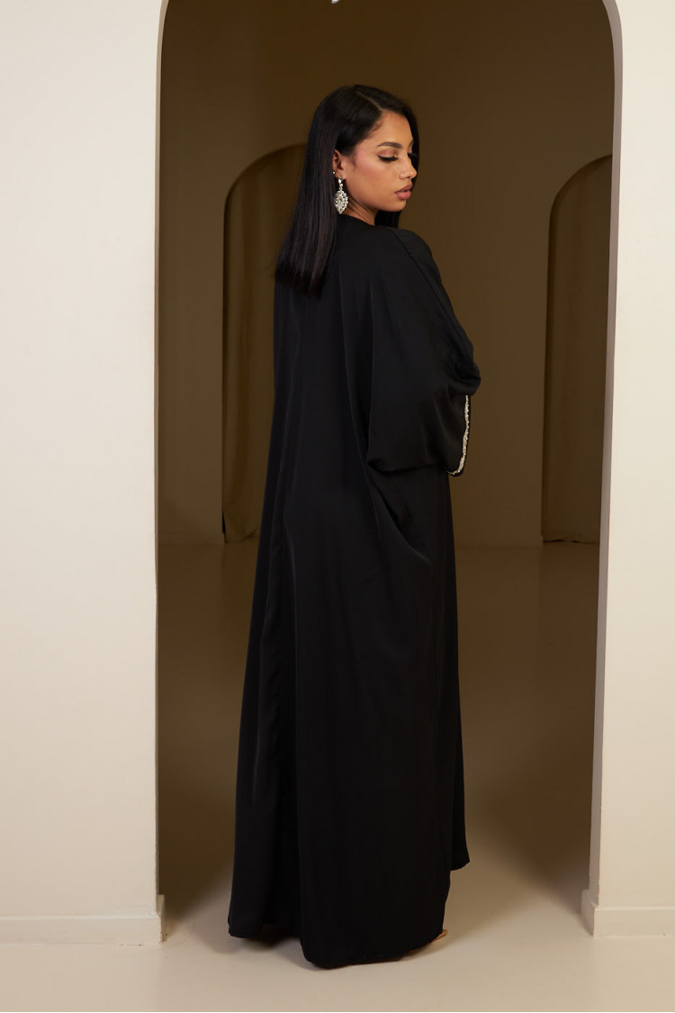Ensemble 3 pièces abaya + gilet + voile à perles noir