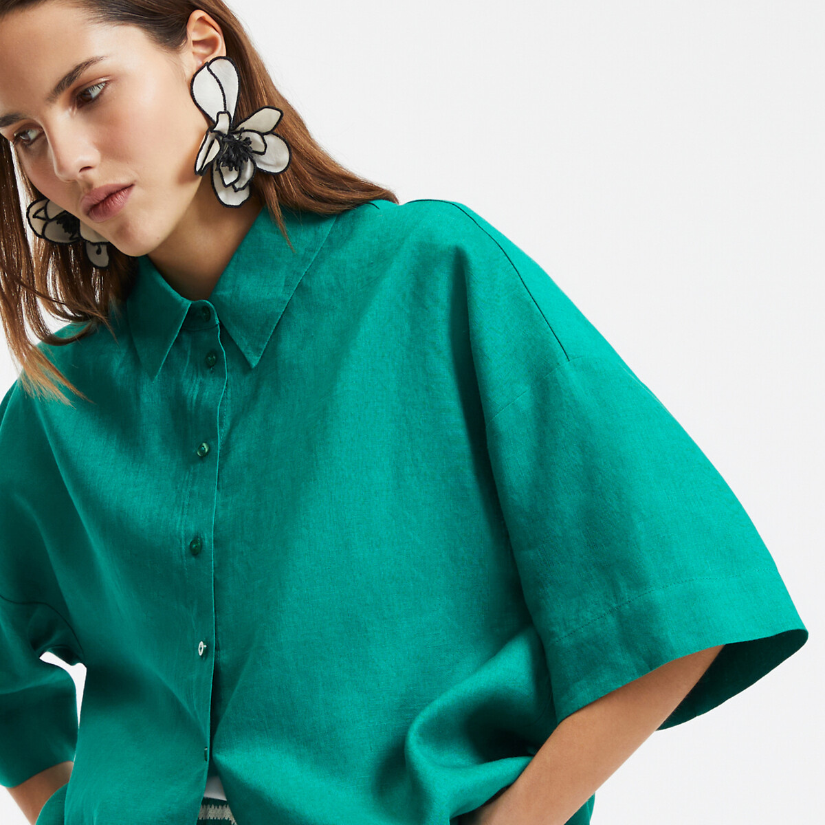 COLEÇÕES LA REDOUTE<br>Camisa de linho folgada com mangas até o cotovelo ÂMBAR