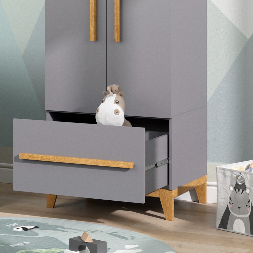 VitaliSpa Kleiderschrank Kinderzimmerschrank Aufbewahrungsschrank Malia Grau Eiche modern 70x187 cm Kinderzimmer Möbel Babymöbel Schublade Tür Fach Kleiderstange Ablage Babyzimmerschrank