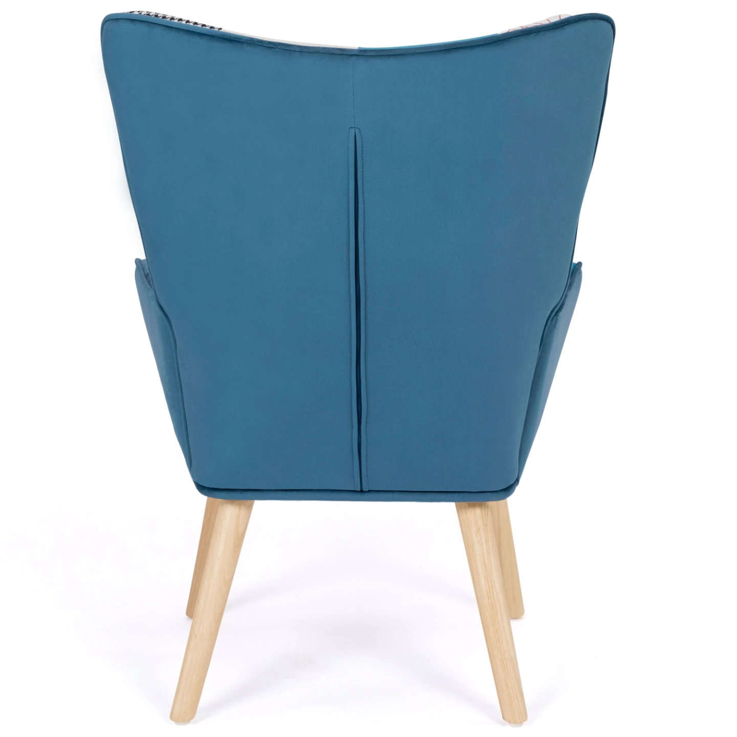 Fauteuil scandinave IVAR avec repose pieds en tissu patchwork et velours bleu