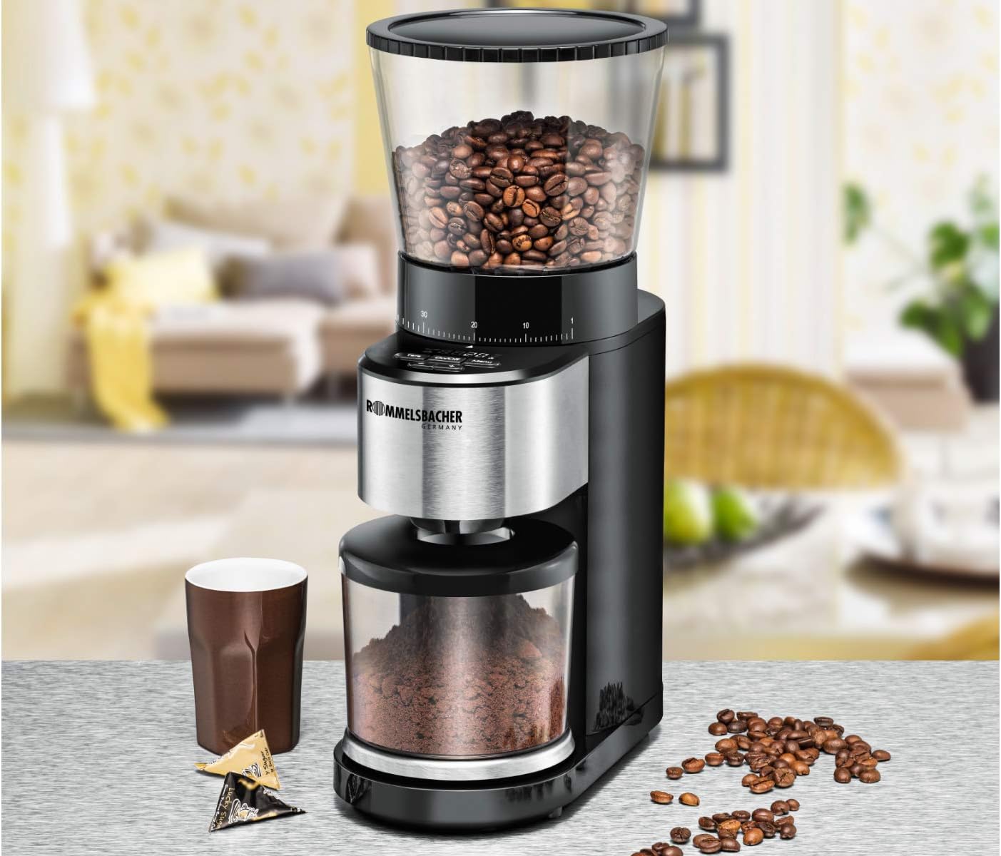 ROMMELSBACHER Kaffeemühle EKM 500 - Kegelmahlwerk, Präzisions-Waage, Halterung für Siebträger, Mahlgrad in 39 Stufen, 5 Funktionstasten für individuelle und flexible Nutzung, Schwarz/Edelstahl