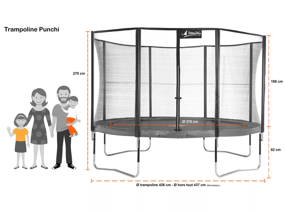 Kangui - Trampoline de jardin rond 430 cm + filet de sécurité + échelle | PUNCHI Bleu 430