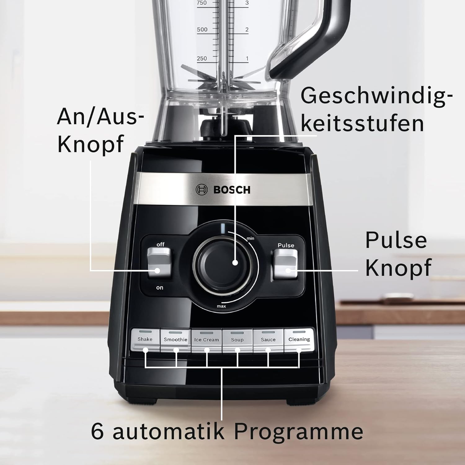 Bosch Standmixer, Hochleistungsmixer, Smoothie Maker, 45,000 U/min, 1600 W, Highspeed, 6-Klingen-Edelstahlmesser, 2,5l Tritan-Mixbehälter, 6 Programme, einfache Reinigung, VitaBoost MMBH6P6BDE