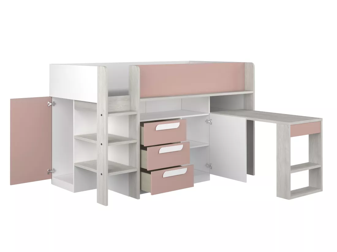 Lit combiné 90 x 200 cm - Avec bureau et rangements - Rose, naturel et blanc + Matelas - LOUKALA