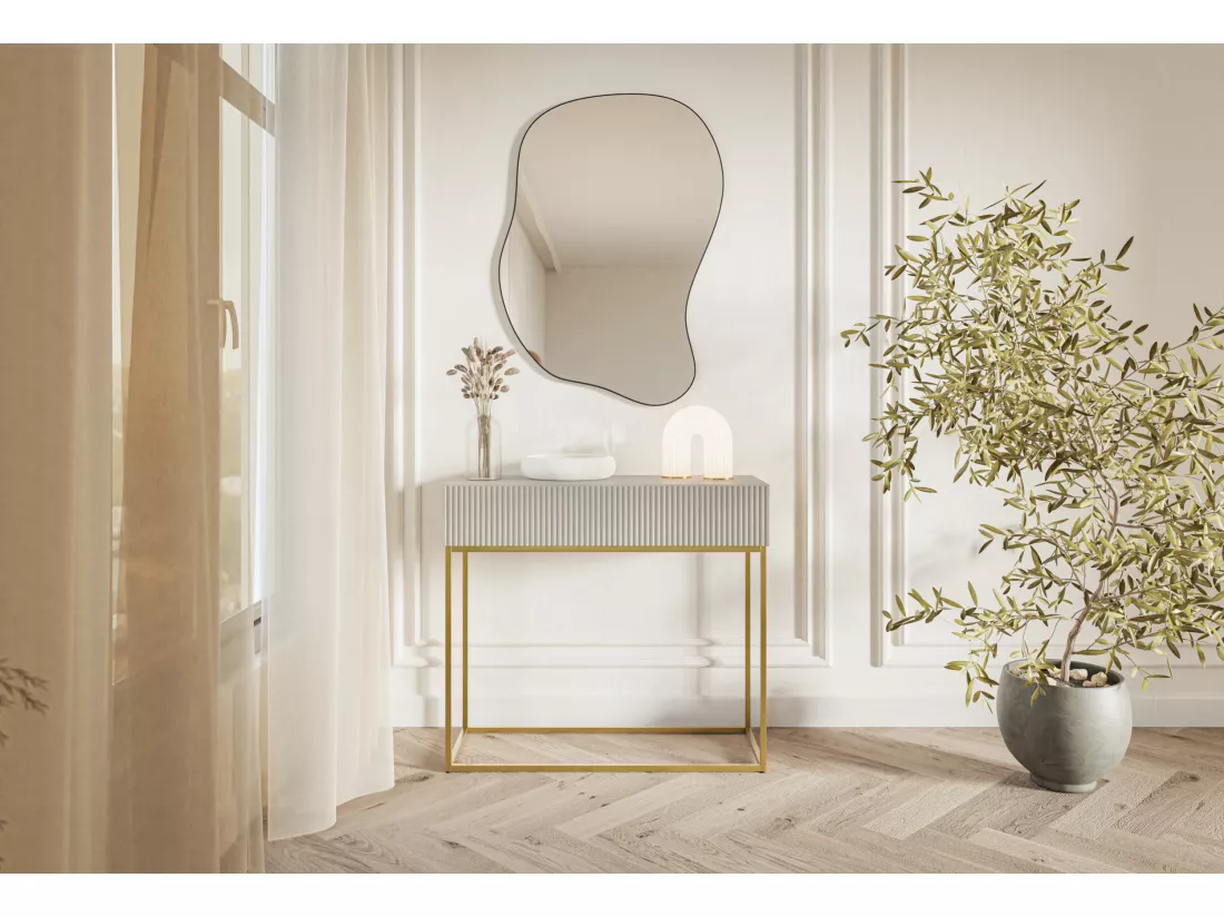 Table console - 90 cm - taupe (gris-beige) avec pieds dorés - VELDIO