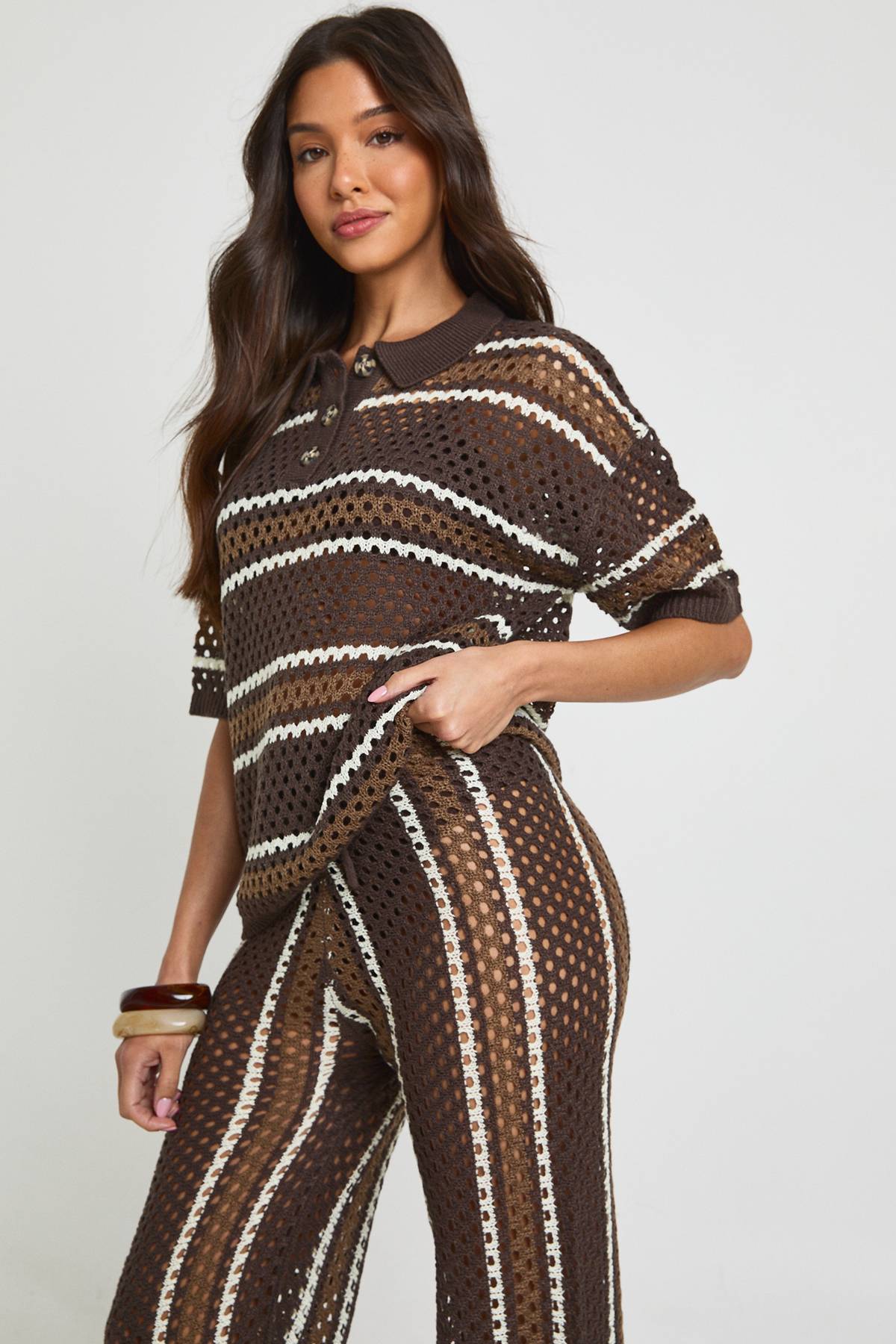 boohoo Ensemble Coordonné Chemise Boutonnée Et Pantalon Large À Rayures En Crochet Pour La Plage