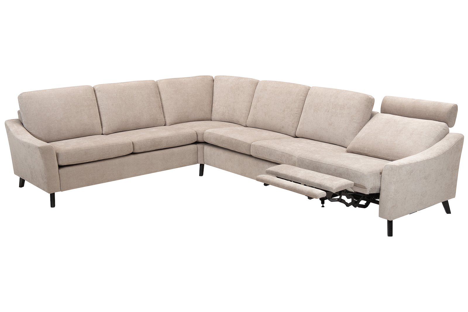 Lona hjørnesofa 2- og 3-seter hjørnesofa i tekstil City 9970 beige. Arm 1 og sorte ben 2M9K2. Med motorisert fotstøtte på ytterste høyre sete.